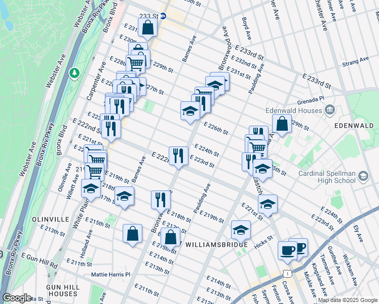 map of restaurants, bars, coffee shops, grocery stores, and more near 905 East 222nd Street in Bronx