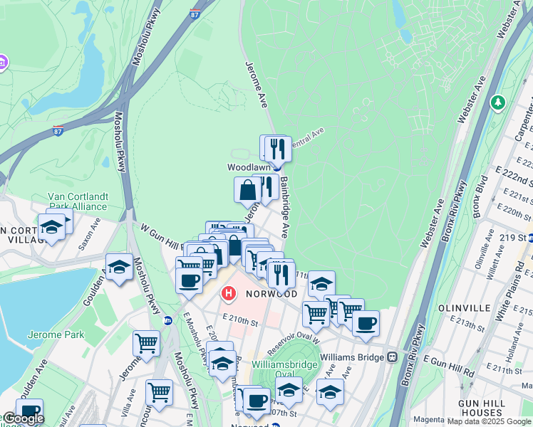 map of restaurants, bars, coffee shops, grocery stores, and more near 3563 Dekalb Avenue in The Bronx