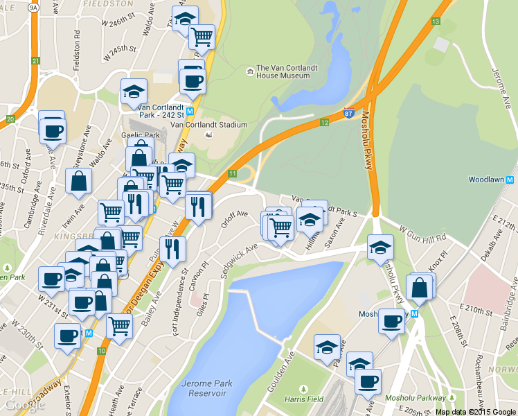 map of restaurants, bars, coffee shops, grocery stores, and more near 3915 Orloff Avenue in Bronx
