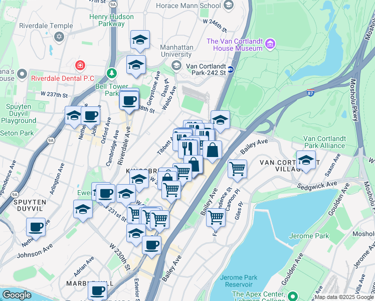 map of restaurants, bars, coffee shops, grocery stores, and more near in The Bronx