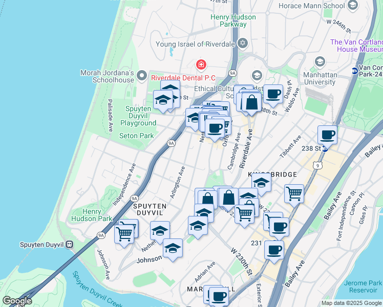 map of restaurants, bars, coffee shops, grocery stores, and more near 600 West 232nd Street in Bronx