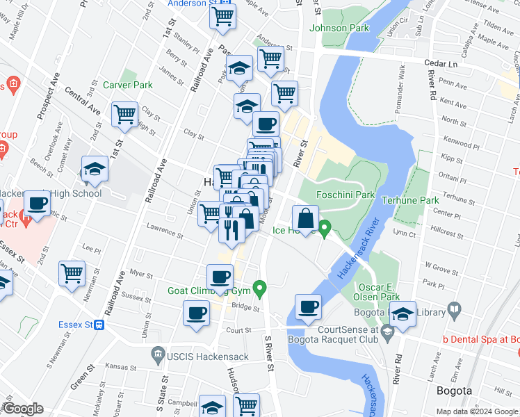 map of restaurants, bars, coffee shops, grocery stores, and more near 190 Moore Street in Hackensack