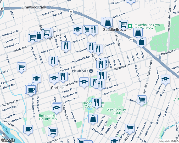 map of restaurants, bars, coffee shops, grocery stores, and more near 351 Outwater Lane in Garfield