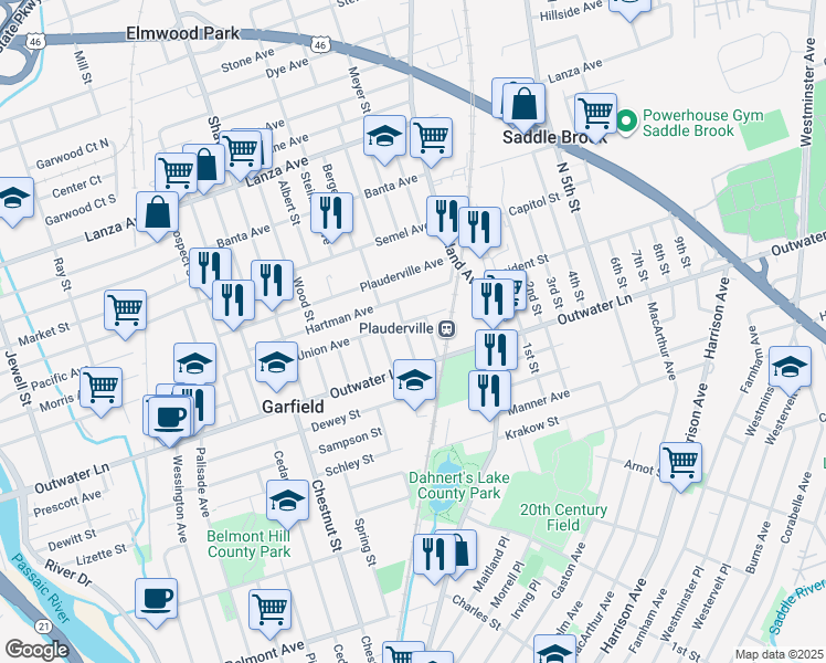 map of restaurants, bars, coffee shops, grocery stores, and more near 9 Harding Court in Garfield