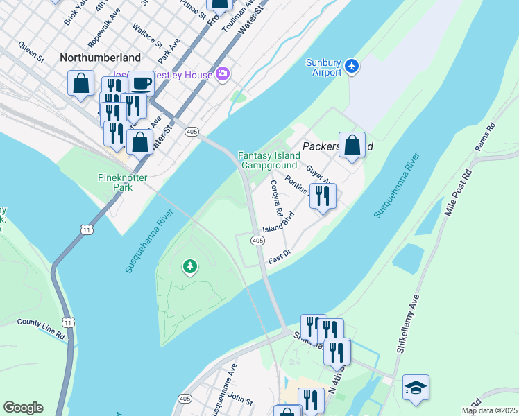 map of restaurants, bars, coffee shops, grocery stores, and more near 201-257 Bridge Avenue in Sunbury