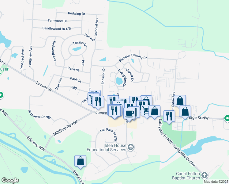 map of restaurants, bars, coffee shops, grocery stores, and more near 501 Ericsson Drive in Canal Fulton