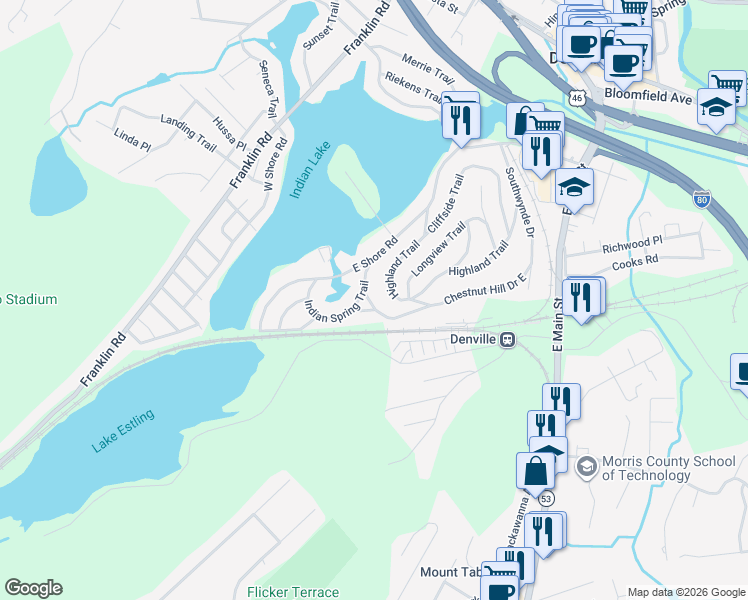 map of restaurants, bars, coffee shops, grocery stores, and more near 12 Chestnut Hill Drive West in Denville