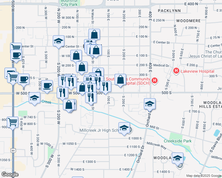 map of restaurants, bars, coffee shops, grocery stores, and more near 132 500 South in Bountiful