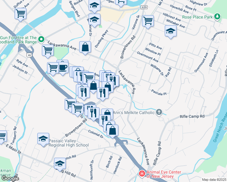 map of restaurants, bars, coffee shops, grocery stores, and more near 279 Browertown Road in Woodland Park