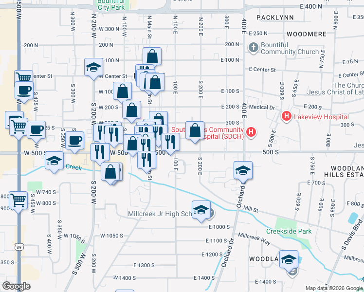 map of restaurants, bars, coffee shops, grocery stores, and more near 128 400 South in Bountiful