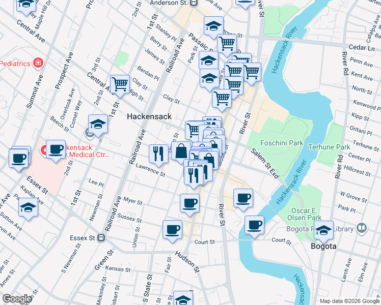 map of restaurants, bars, coffee shops, grocery stores, and more near State Street in Hackensack