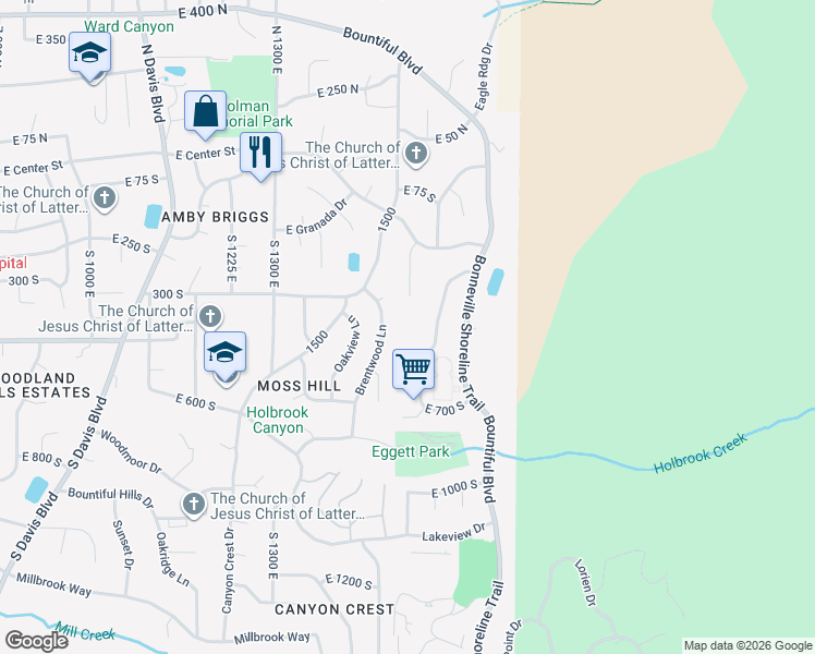 map of restaurants, bars, coffee shops, grocery stores, and more near 331 South 1550 East in Bountiful