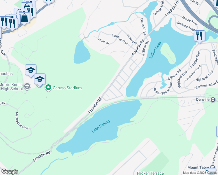 map of restaurants, bars, coffee shops, grocery stores, and more near 225 Franklin Road in Denville