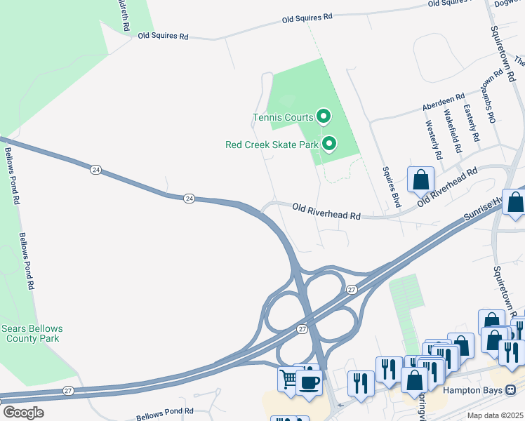 map of restaurants, bars, coffee shops, grocery stores, and more near 137 Old Riverhead Road in Hampton Bays