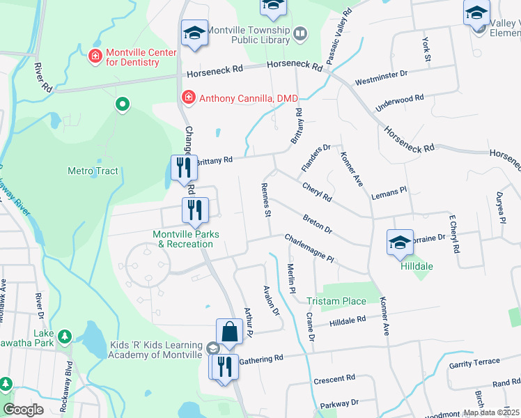map of restaurants, bars, coffee shops, grocery stores, and more near 9 Rennes Street in Montville