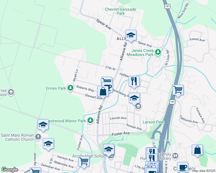 map of restaurants, bars, coffee shops, grocery stores, and more near 2505 Alliance Road in Arcata