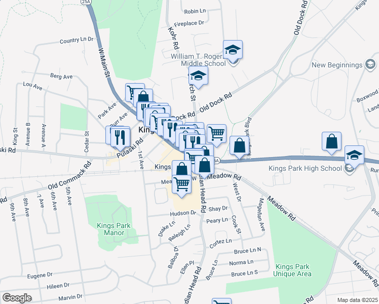 map of restaurants, bars, coffee shops, grocery stores, and more near 26 Church Street in Kings Park