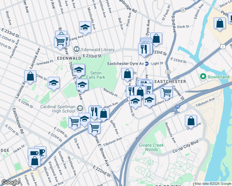 map of restaurants, bars, coffee shops, grocery stores, and more near 3628 Pratt Avenue in Bronx