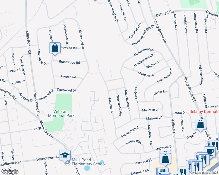 map of restaurants, bars, coffee shops, grocery stores, and more near 3 Singingwood Drive in Stony Brook