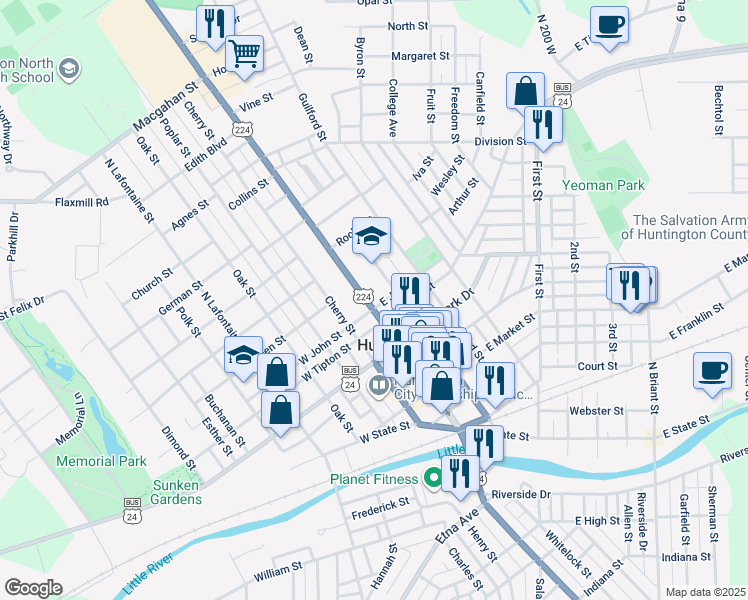 map of restaurants, bars, coffee shops, grocery stores, and more near 809 North Jefferson Street in Huntington