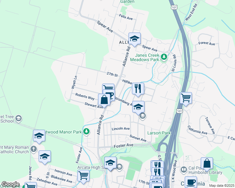 map of restaurants, bars, coffee shops, grocery stores, and more near 2560 Alliance Road in Arcata