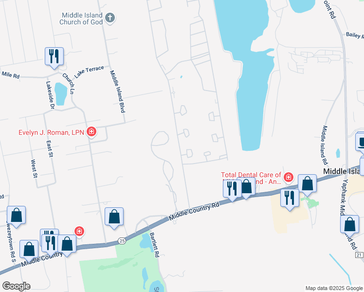 map of restaurants, bars, coffee shops, grocery stores, and more near 706 Birchwood Park Drive in Middle Island