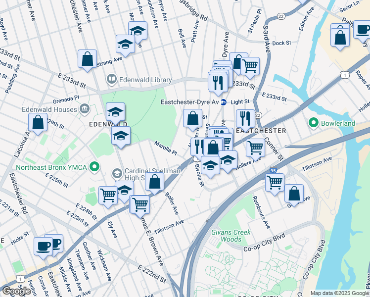 map of restaurants, bars, coffee shops, grocery stores, and more near 45 Harper Court in Bronx