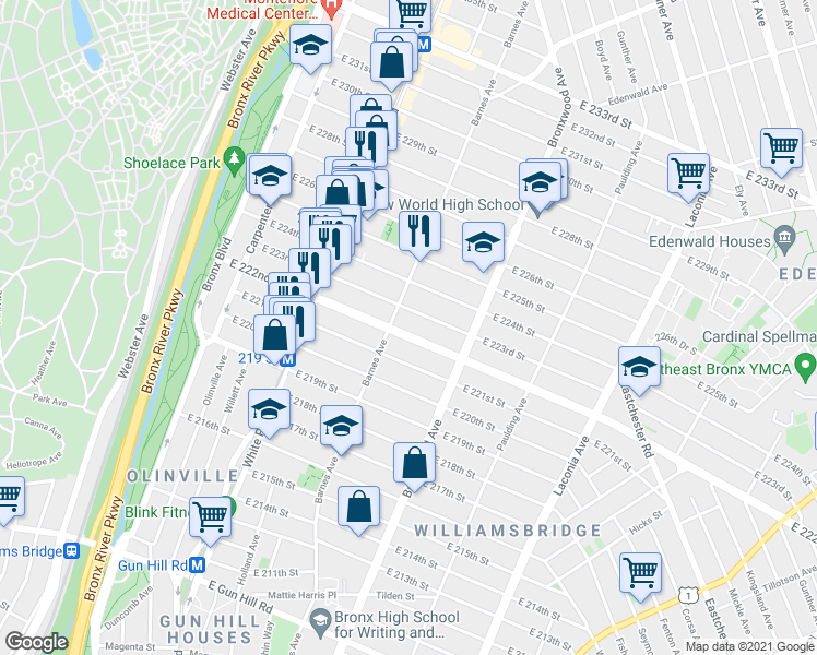 map of restaurants, bars, coffee shops, grocery stores, and more near 772 East 223rd Street in Bronx