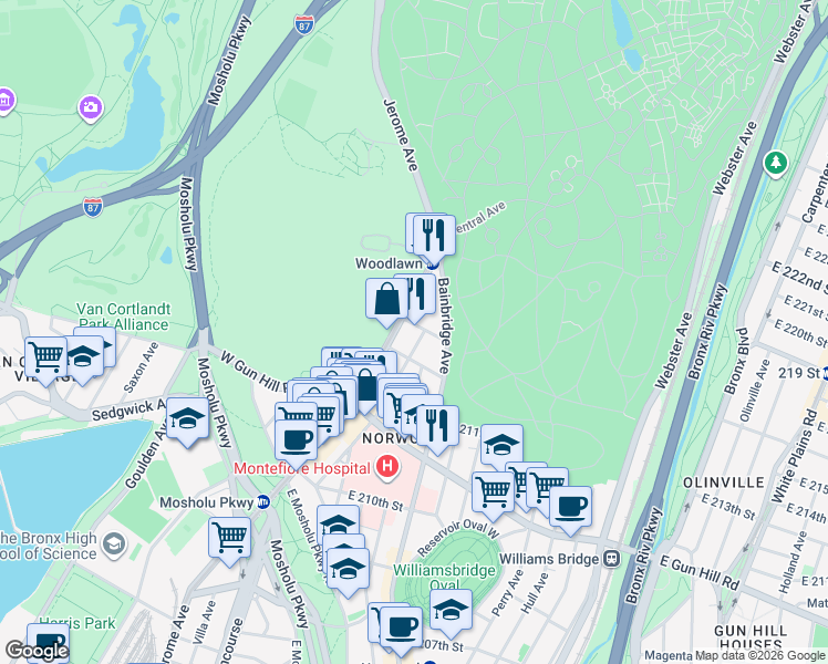 map of restaurants, bars, coffee shops, grocery stores, and more near 3598 Jerome Avenue in Bronx