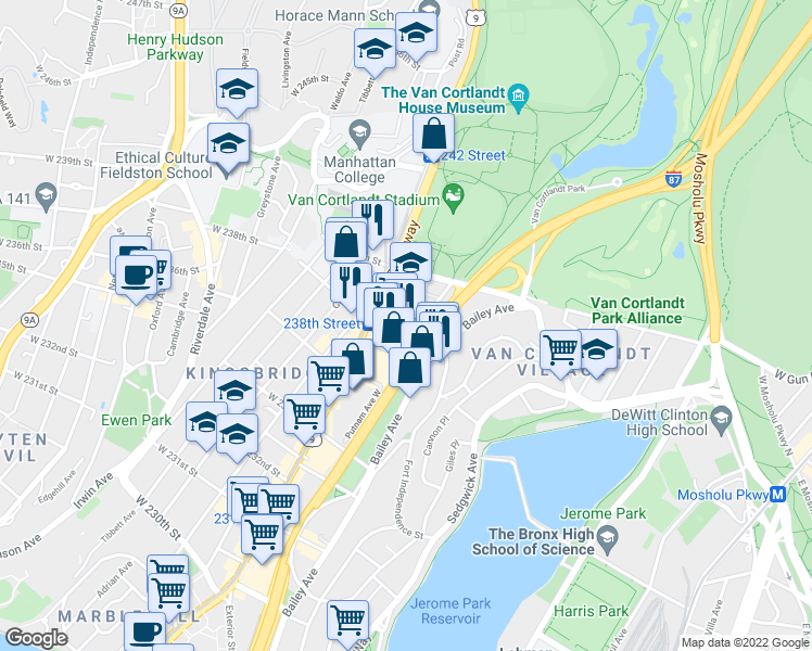 map of restaurants, bars, coffee shops, grocery stores, and more near 3816 Review Place in Bronx