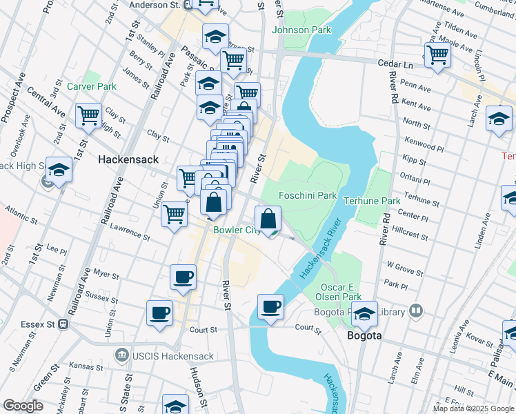 map of restaurants, bars, coffee shops, grocery stores, and more near 242 River Street in Hackensack