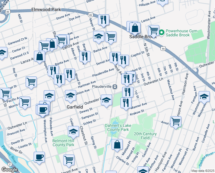 map of restaurants, bars, coffee shops, grocery stores, and more near 140 Hartmann Avenue in Garfield