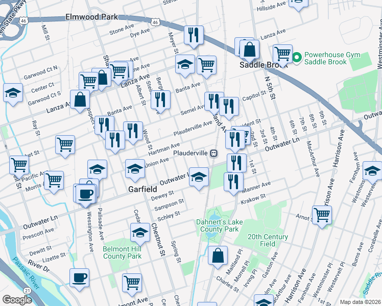 map of restaurants, bars, coffee shops, grocery stores, and more near 140 Hartmann Avenue in Garfield