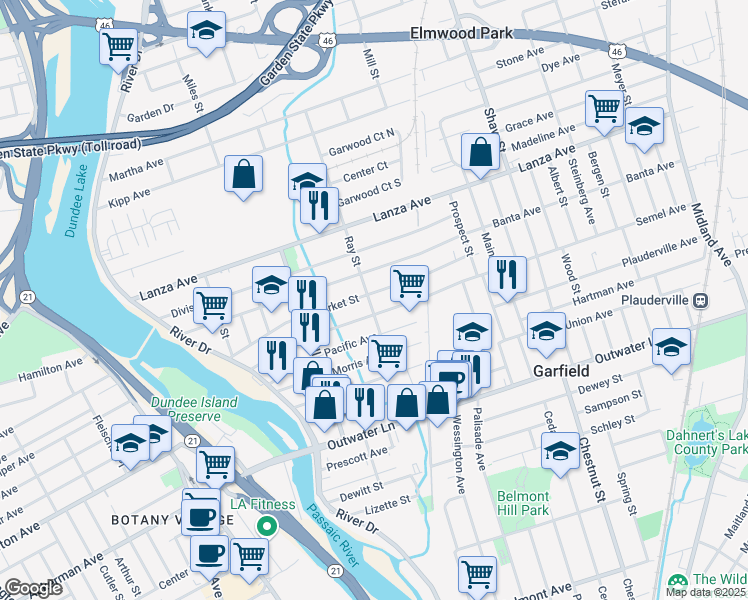 map of restaurants, bars, coffee shops, grocery stores, and more near 143 Market Street in Garfield