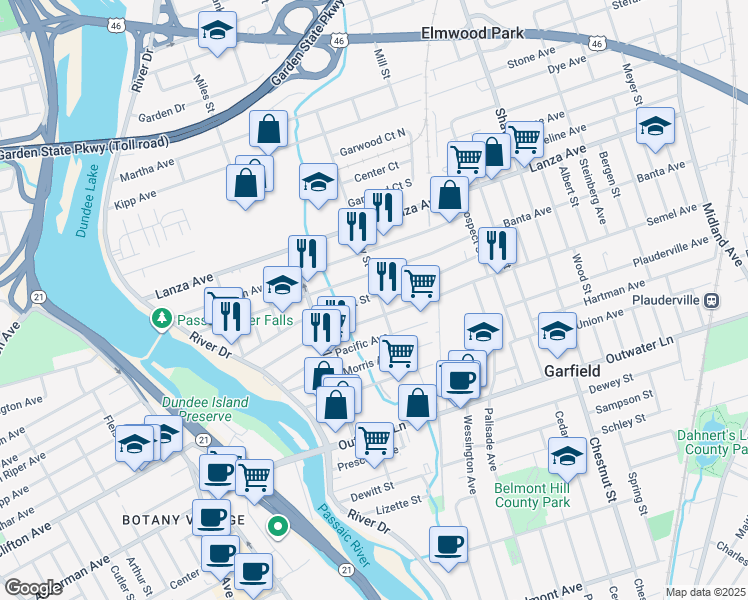 map of restaurants, bars, coffee shops, grocery stores, and more near 148 Banta Avenue in Garfield