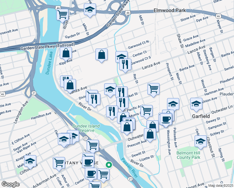 map of restaurants, bars, coffee shops, grocery stores, and more near 117 Division Avenue in Garfield