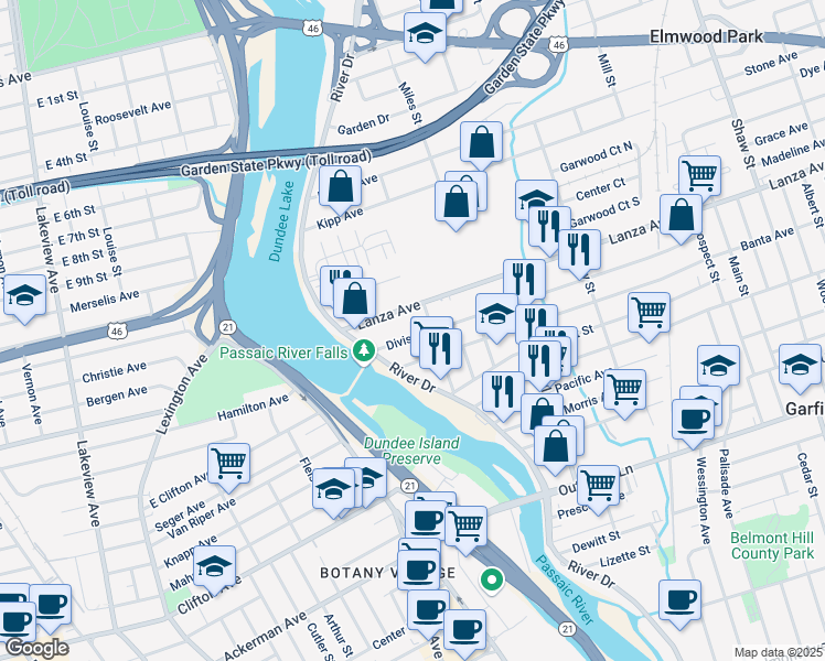 map of restaurants, bars, coffee shops, grocery stores, and more near 66 Lanza Avenue in Garfield
