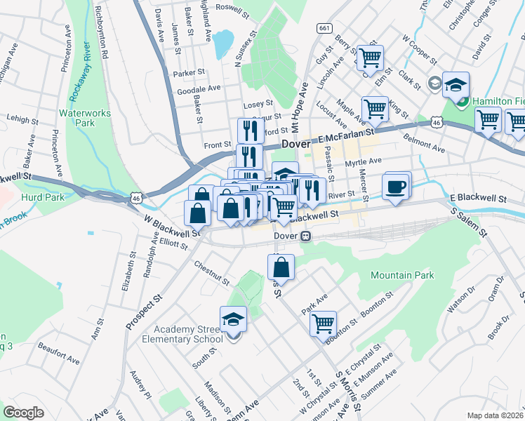 map of restaurants, bars, coffee shops, grocery stores, and more near 16 North Sussex Street in Dover