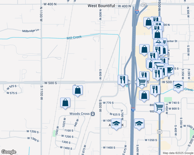 map of restaurants, bars, coffee shops, grocery stores, and more near 166 South 800 West in West Bountiful
