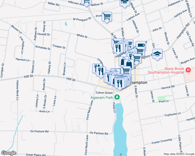 map of restaurants, bars, coffee shops, grocery stores, and more near 91 Hill Street in Southampton