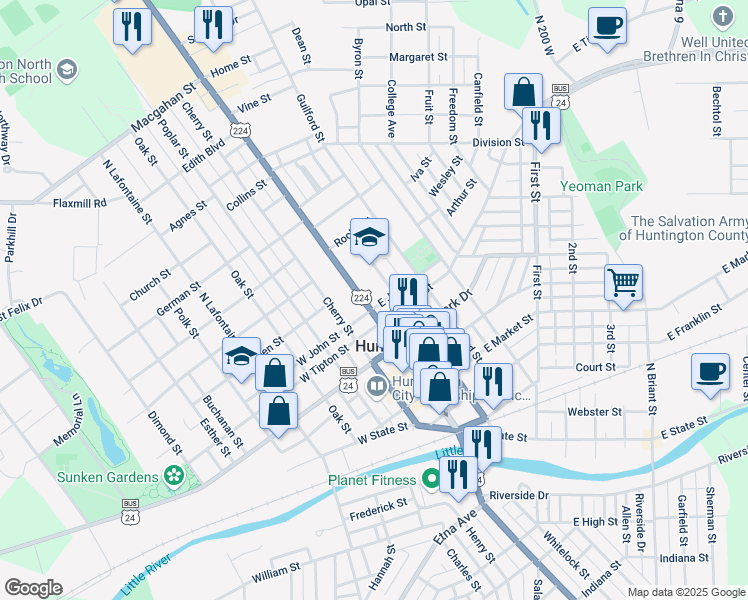 map of restaurants, bars, coffee shops, grocery stores, and more near 809 North Jefferson Street in Huntington