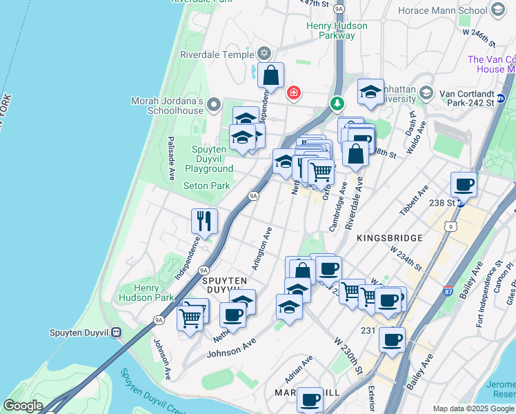 map of restaurants, bars, coffee shops, grocery stores, and more near 3333 Henry Hudson Parkway in Bronx