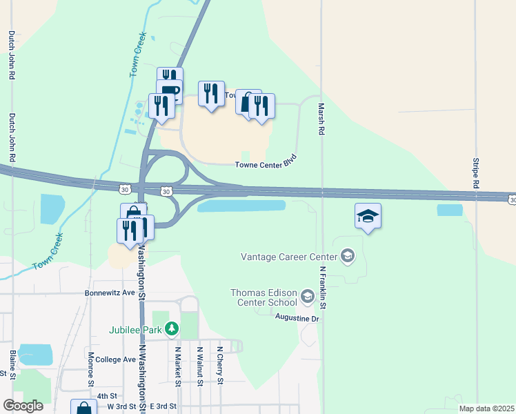 map of restaurants, bars, coffee shops, grocery stores, and more near 8386 Marsh Road in Van Wert