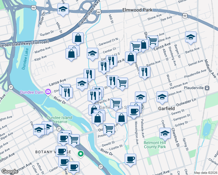map of restaurants, bars, coffee shops, grocery stores, and more near 148 Banta Avenue in Garfield