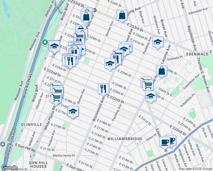 map of restaurants, bars, coffee shops, grocery stores, and more near in The Bronx