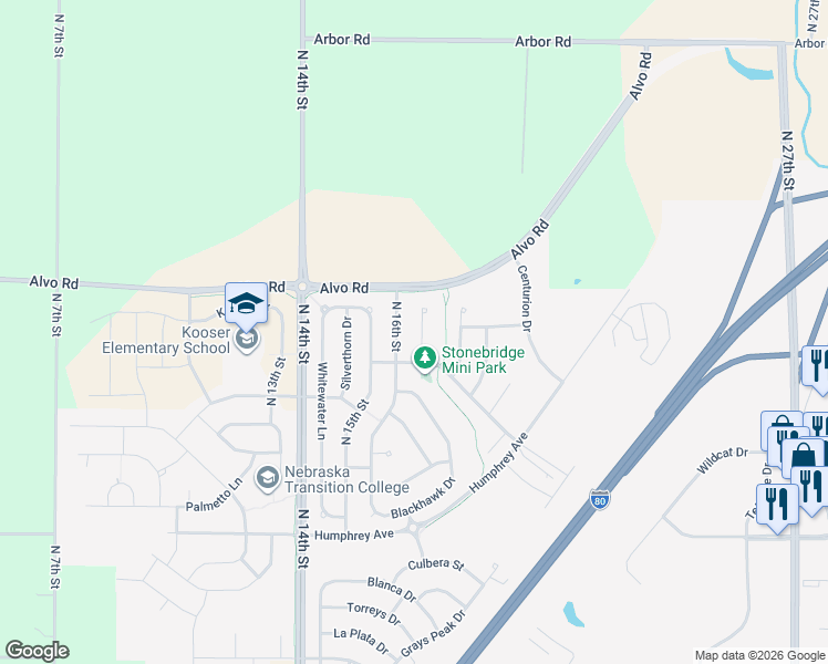 map of restaurants, bars, coffee shops, grocery stores, and more near 7436 North 17th Court in Lincoln