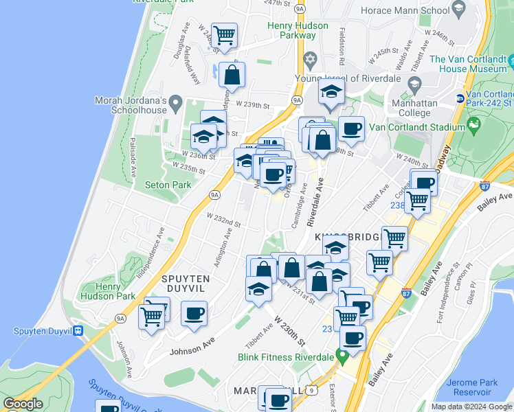 map of restaurants, bars, coffee shops, grocery stores, and more near 3300 Netherland Avenue in Bronx