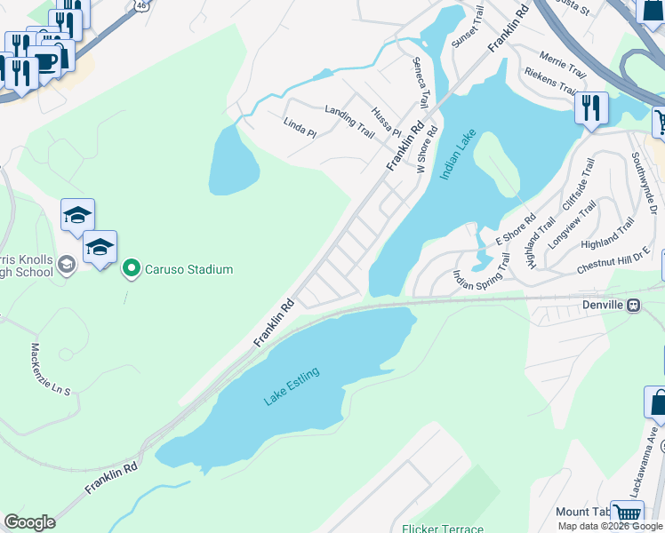 map of restaurants, bars, coffee shops, grocery stores, and more near 6 Beechwood Trail in Denville