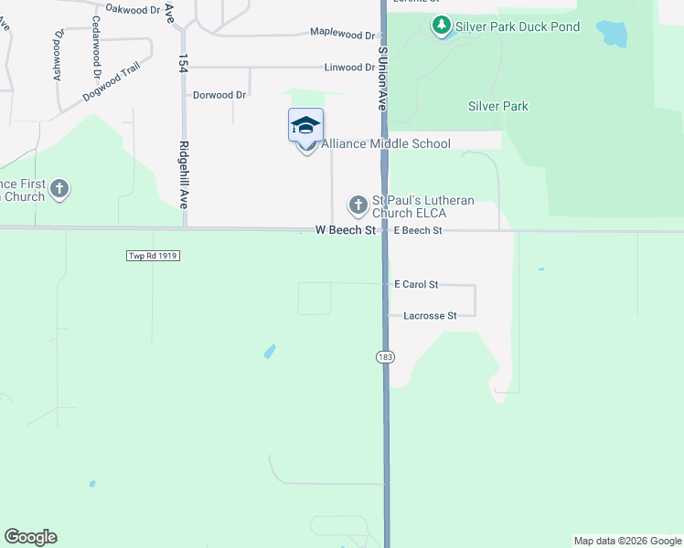 map of restaurants, bars, coffee shops, grocery stores, and more near 110 West Beech Street in Alliance