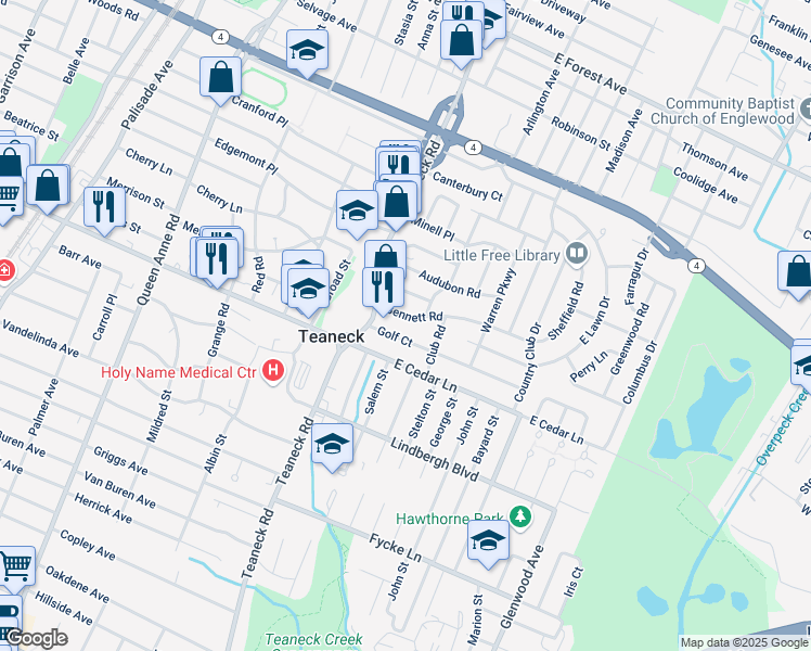 map of restaurants, bars, coffee shops, grocery stores, and more near 13 Bennett Road in Teaneck